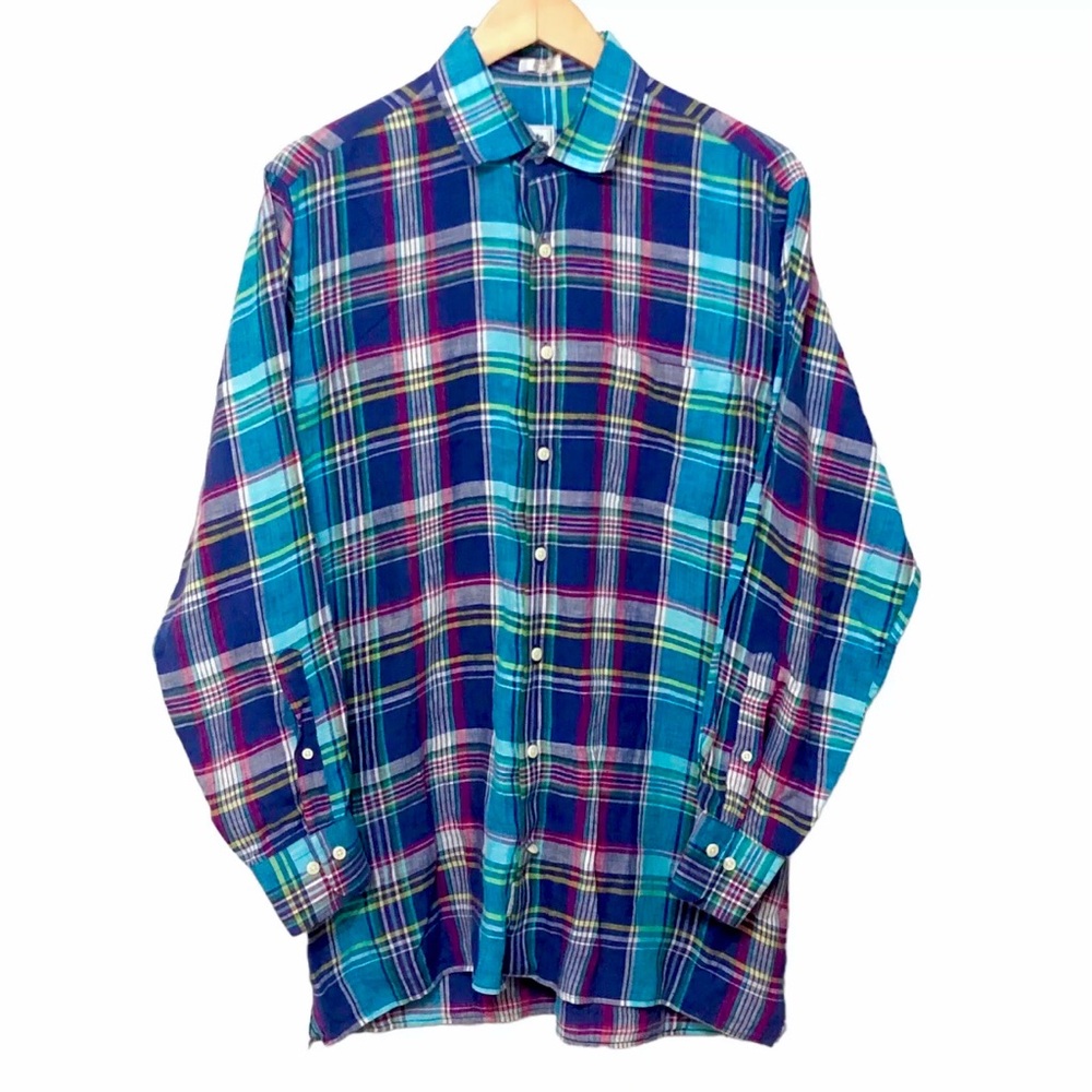 Peter Millar Linen Shirt Mens Medium Multicolor Plaid Button Up Long Sleeve M